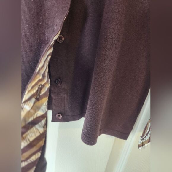 Willi Smith L Women's Brown Cardigan with Patterned Collar and Cuff SILK Blend - Picture 7 of 8
